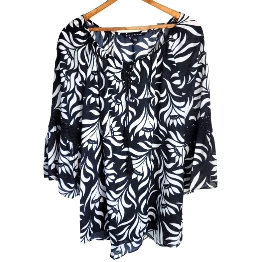 Zac & Rachel Black and White Statement Sleeve Blouse, size large